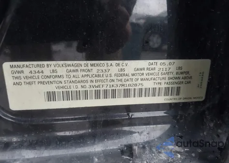 2007 Volkswagen Jetta Wolfsburg Edition from USA, damaged, VIN 3VWEF71K37M182875